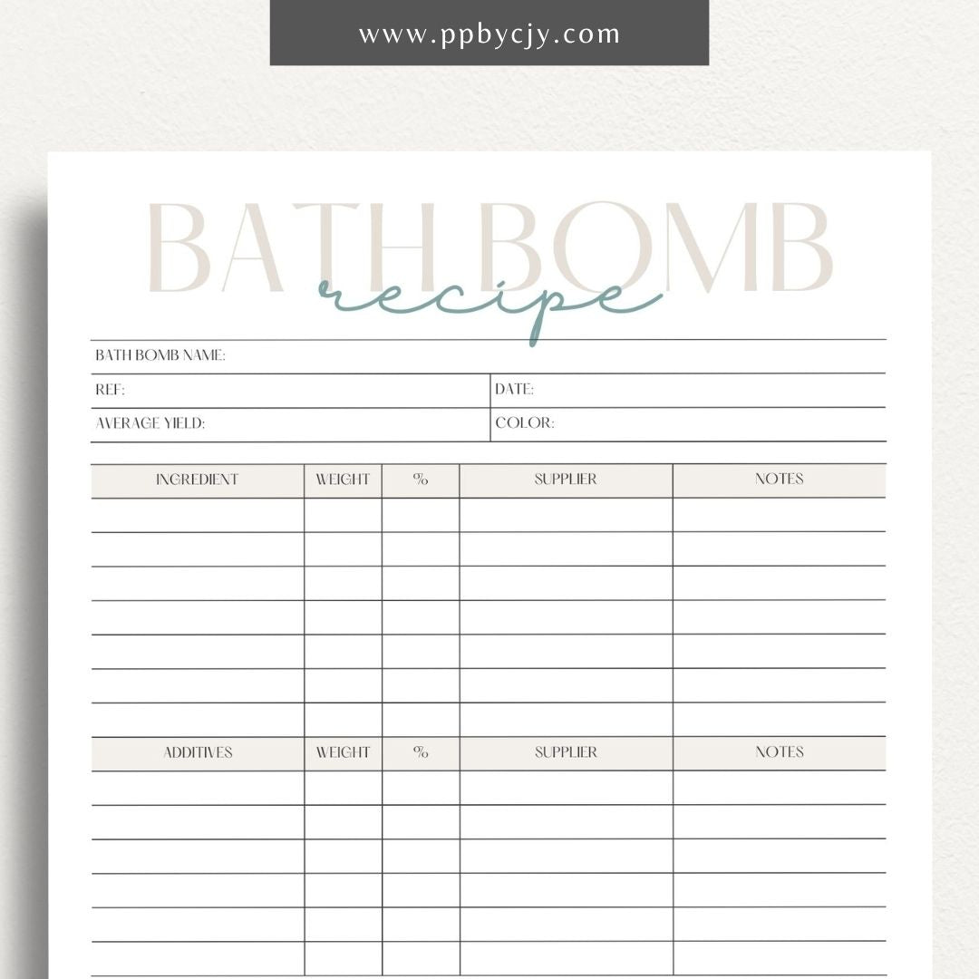 Bath Bomb Recipe Printable Template – Digital Download for Creating and Recording DIY Bath Bomb Recipes"