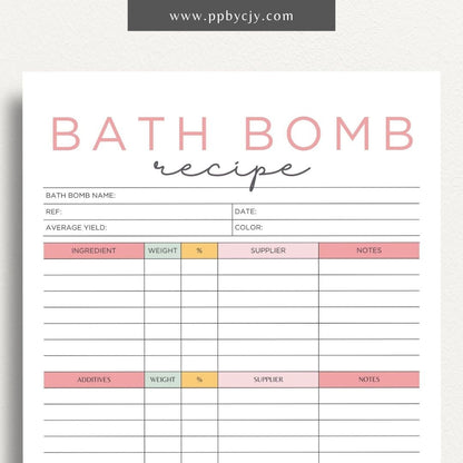 Bath Bomb Recipe Printable Template – Digital Download for Creating and Recording DIY Bath Bomb Recipes"