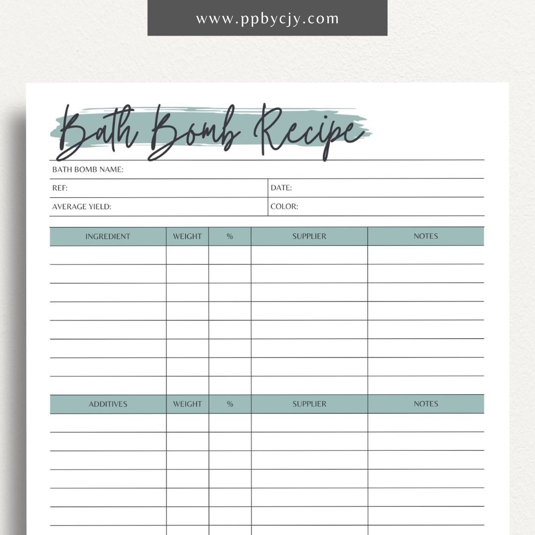 Bath Bomb Recipe Printable Template – Digital Download for Creating and Recording DIY Bath Bomb Recipes"