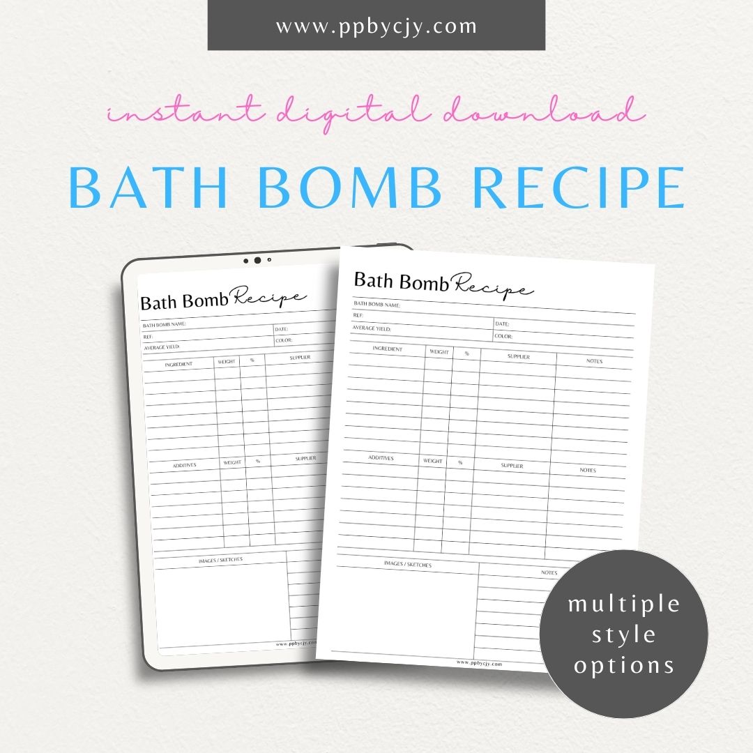 Bath Bomb Recipe Printable Template – Digital Download for Creating and Recording DIY Bath Bomb Recipes"