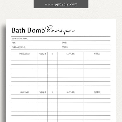 Bath Bomb Recipe Printable Template – Digital Download for Creating and Recording DIY Bath Bomb Recipes"