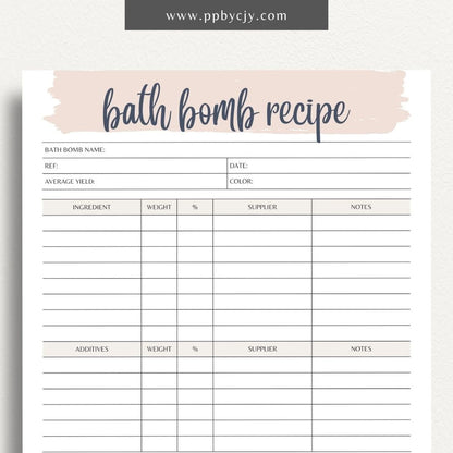 Bath Bomb Recipe Printable Template – Digital Download for Creating and Recording DIY Bath Bomb Recipes"