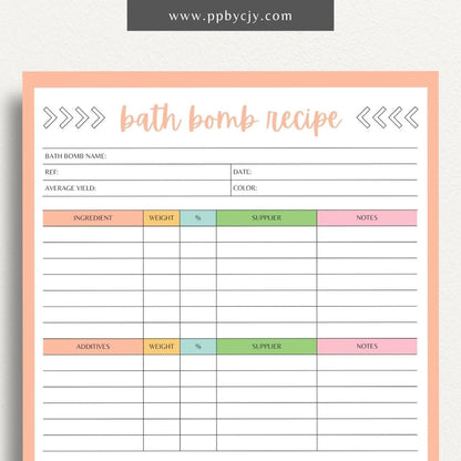 Bath Bomb Recipe Printable Template – Digital Download for Creating and Recording DIY Bath Bomb Recipes"