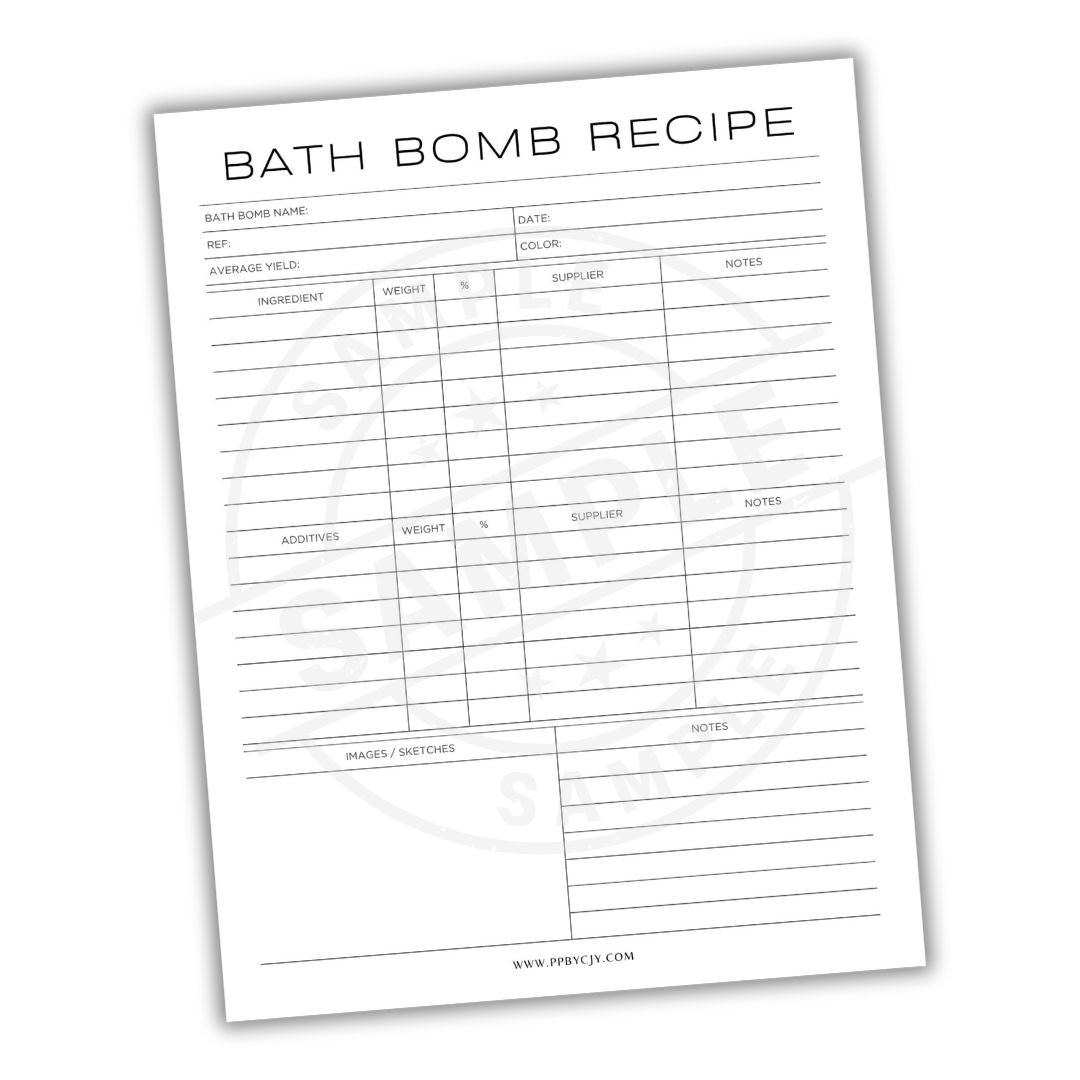 Bath Bomb Recipe sheet with a white background