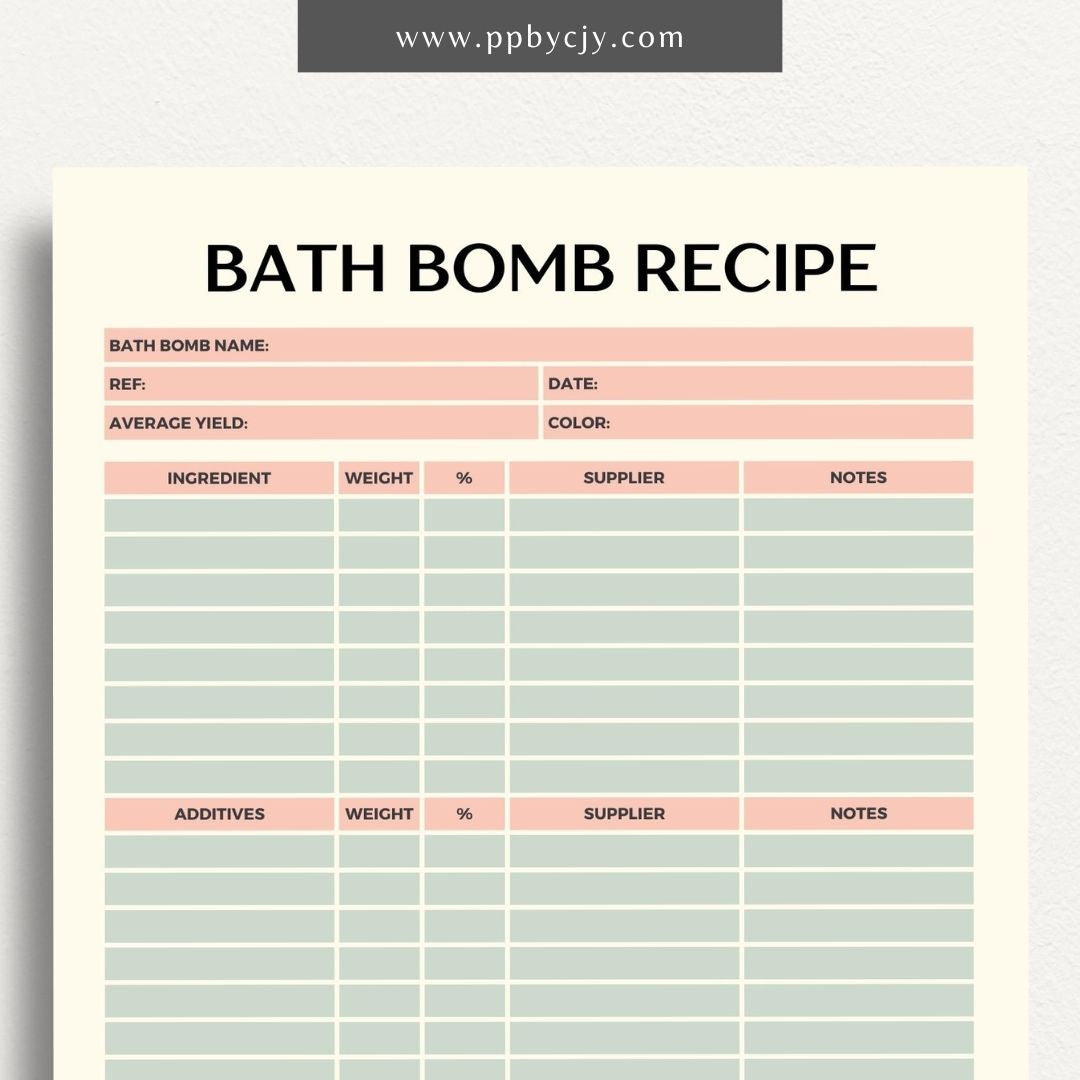 Bath Bomb Recipe Printable Template – Digital Download for Creating and Recording DIY Bath Bomb Recipes"