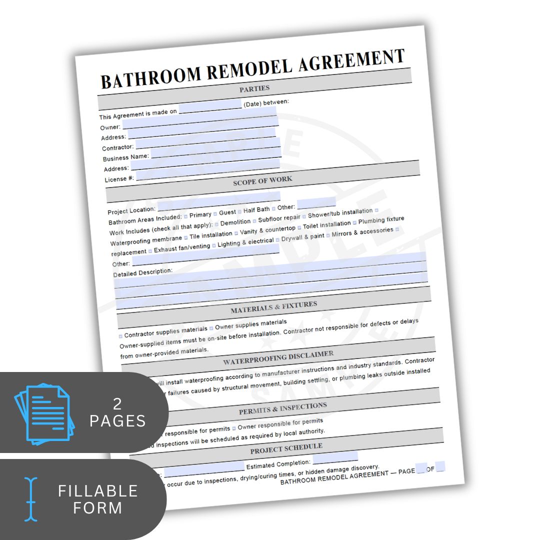 Bathroom remodel agreement form on a white background