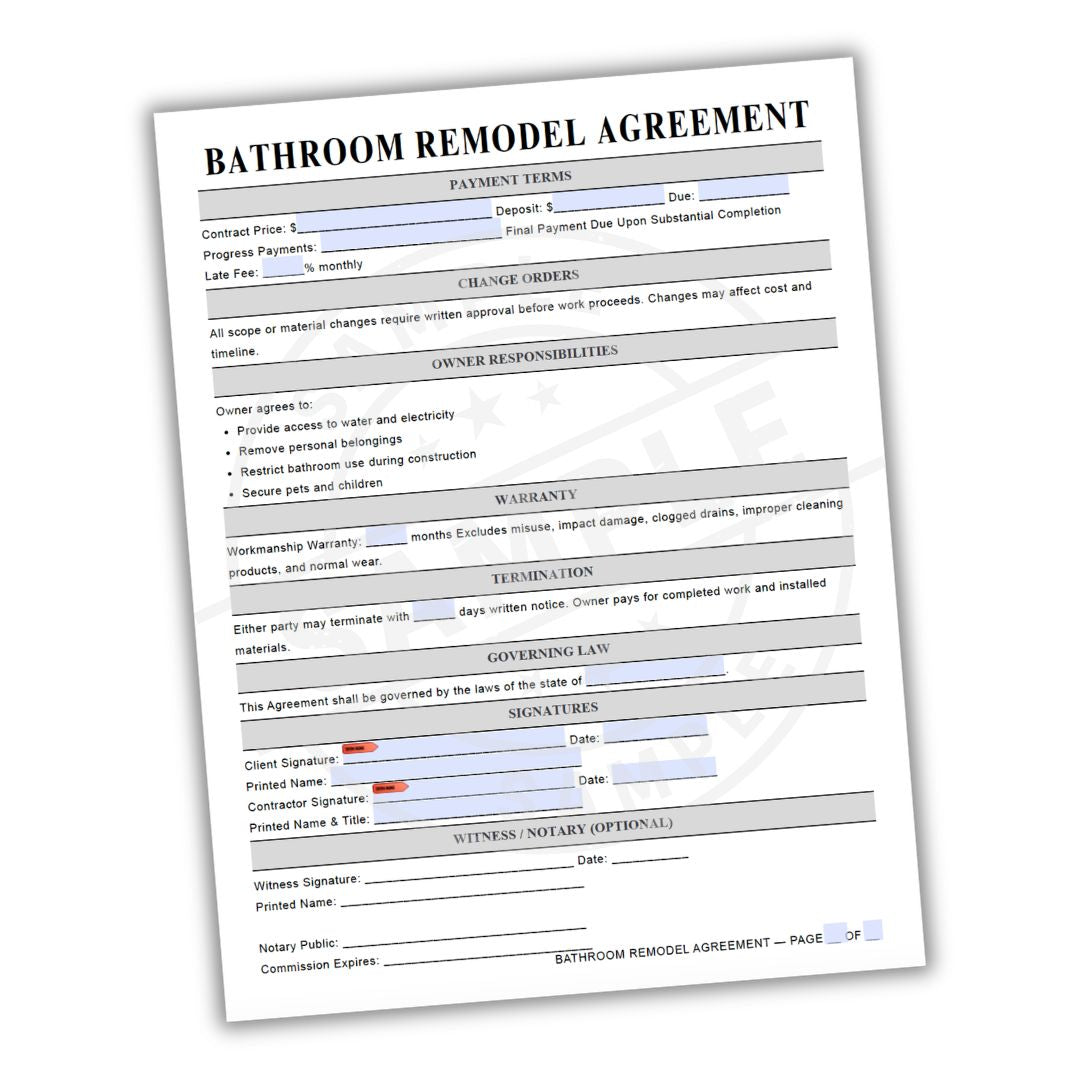 Bathroom remodel agreement form on a white background