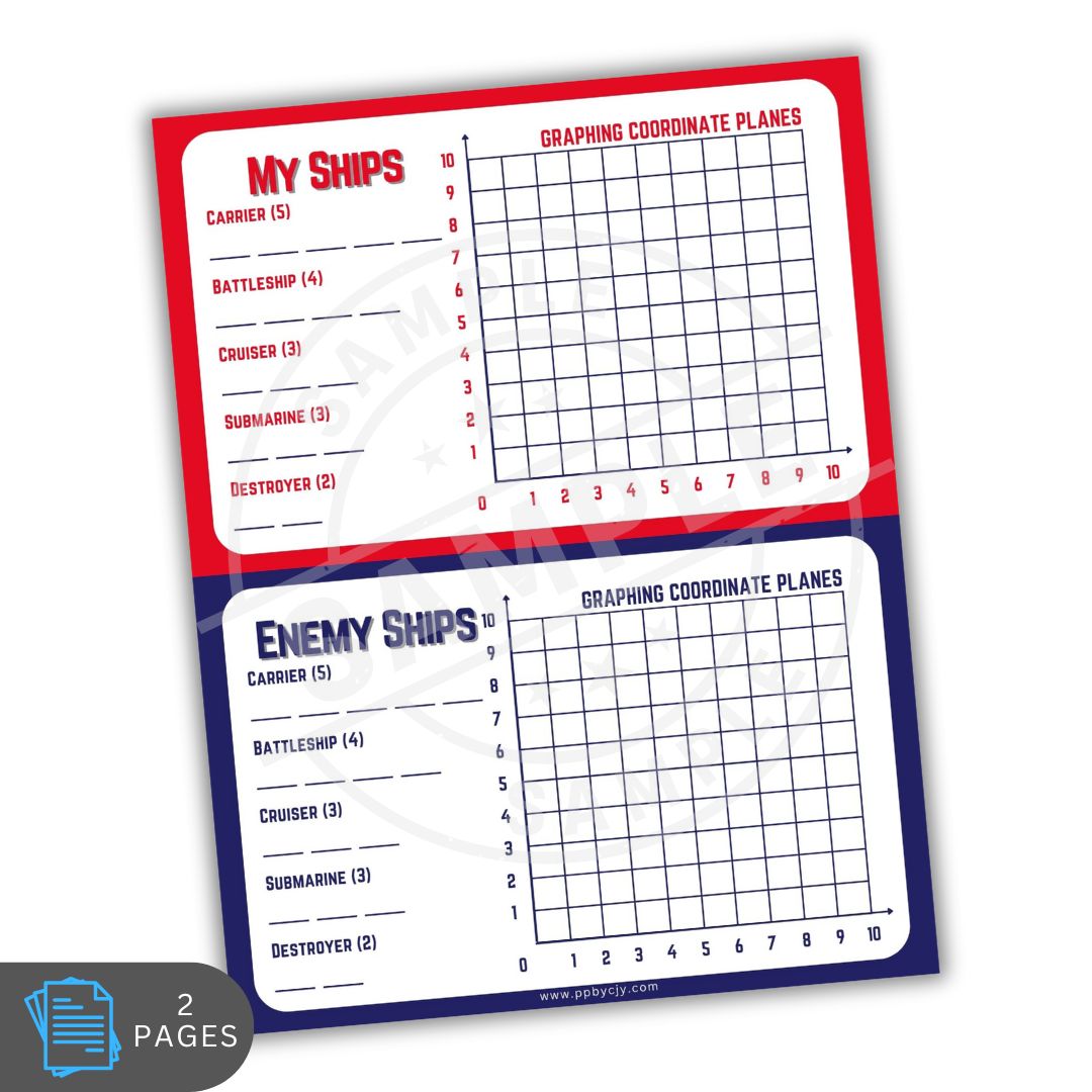 Sheet with graphing coordinate planes and ship types for a game, on a white background.