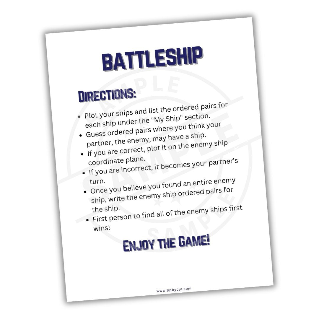 Battleship game directions sheet on a white background