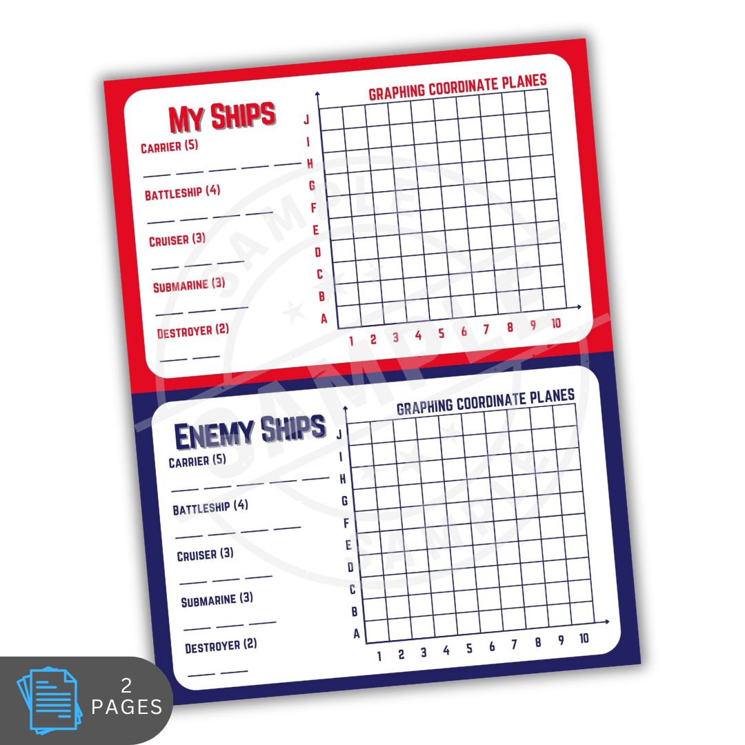 Sheet with graphing coordinate planes and ship labels on a white background