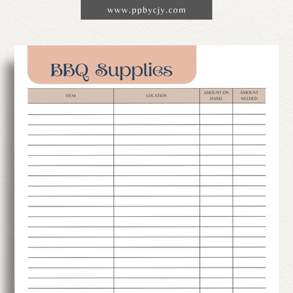 BBQ Supply Inventory Printable Template – Digital Download for Tracking and Managing Barbecue Supplies