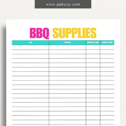 BBQ Supply Inventory Printable Template – Digital Download for Tracking and Managing Barbecue Supplies