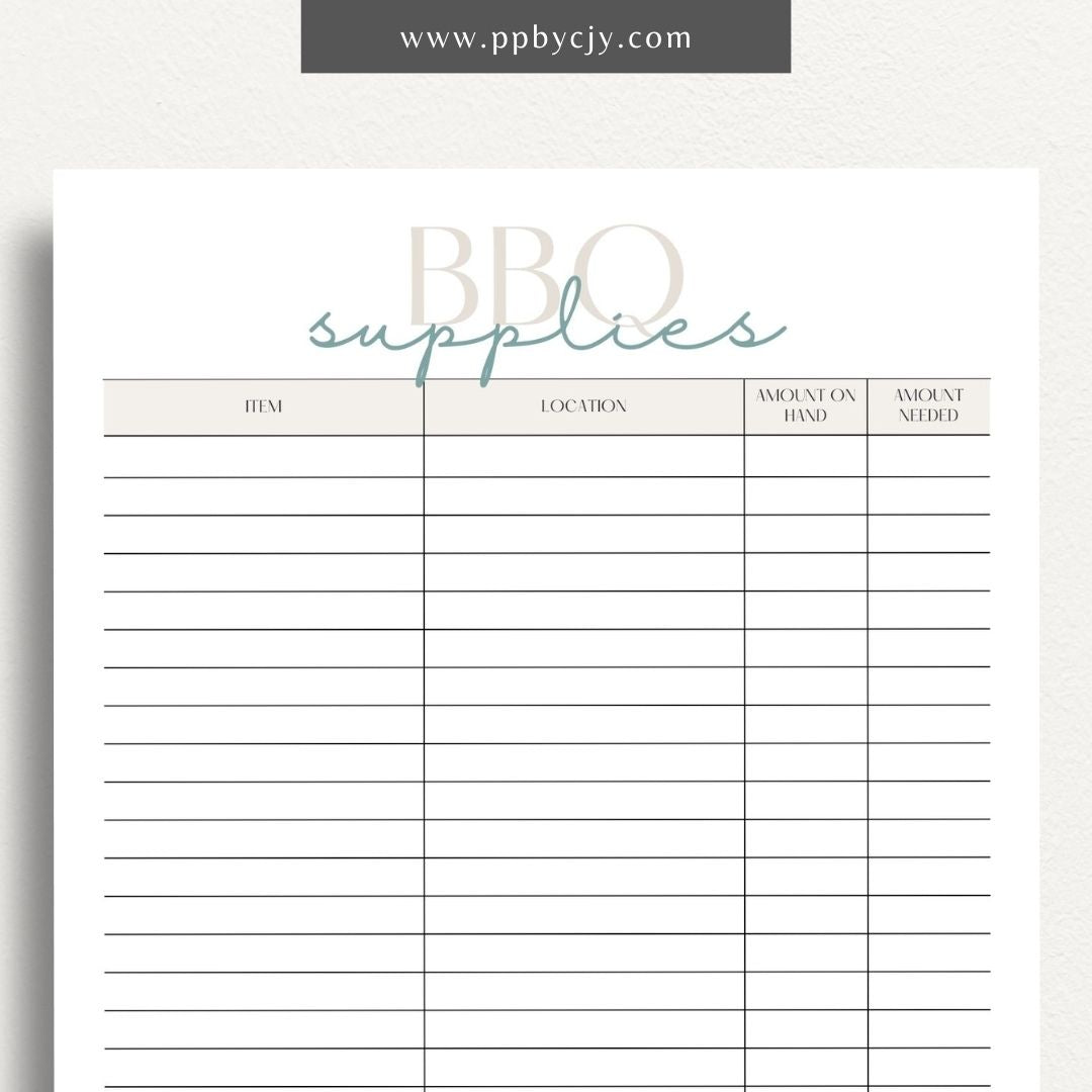 BBQ Supply Inventory Printable Template – Digital Download for Tracking and Managing Barbecue Supplies