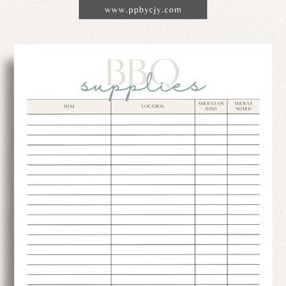 BBQ Supply Inventory Printable Template – Digital Download for Tracking and Managing Barbecue Supplies