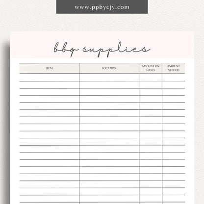 BBQ Supply Inventory Printable Template – Digital Download for Tracking and Managing Barbecue Supplies