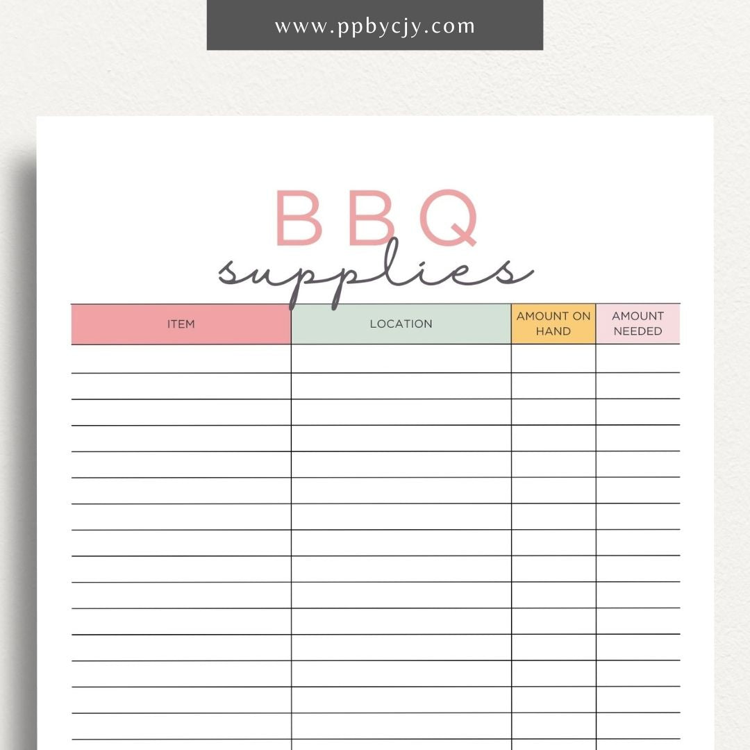 BBQ Supply Inventory Printable Template – Digital Download for Tracking and Managing Barbecue Supplies