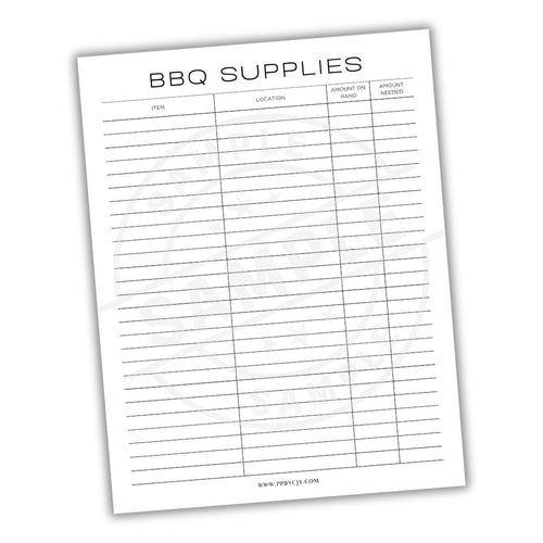 Sheet of paper with a BBQ supplies list on a white background