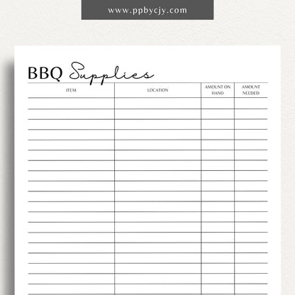 BBQ Supply Inventory Printable Template – Digital Download for Tracking and Managing Barbecue Supplies