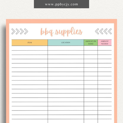 BBQ Supply Inventory Printable Template – Digital Download for Tracking and Managing Barbecue Supplies