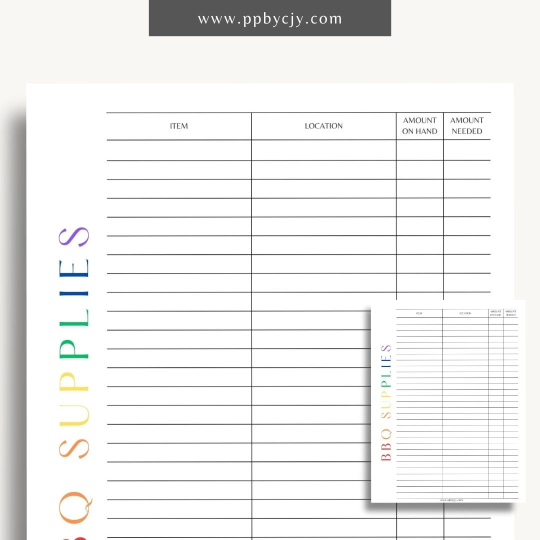 BBQ Supply Inventory Printable Template – Digital Download for Tracking and Managing Barbecue Supplies