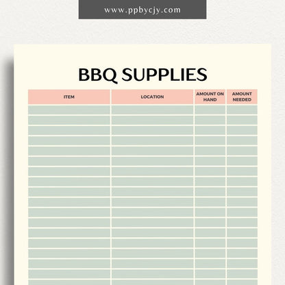 BBQ Supply Inventory Printable Template – Digital Download for Tracking and Managing Barbecue Supplies