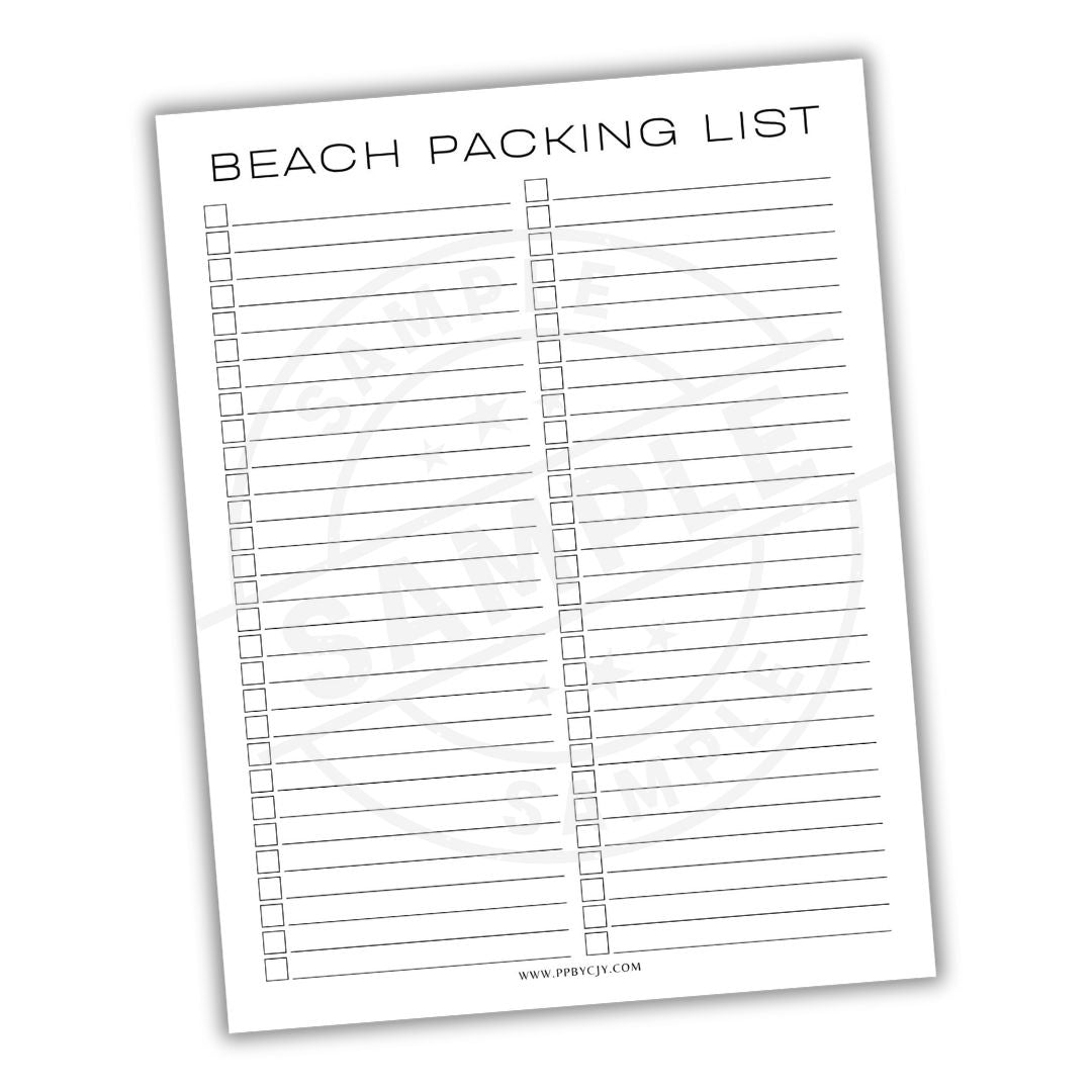 Beach packing list with checkboxes on a white background