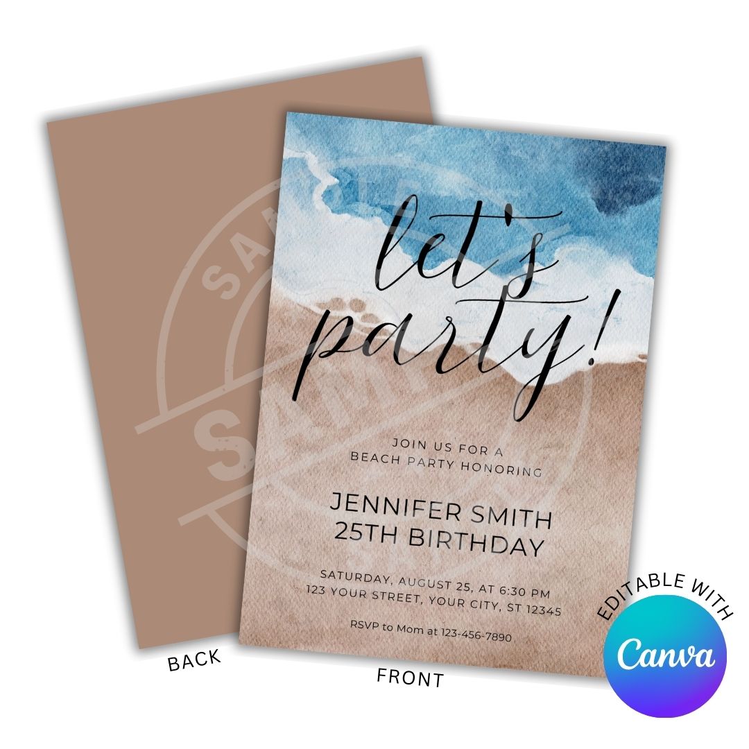 Beach-themed birthday party invitation with 'let's party!' text, featuring Canva branding.