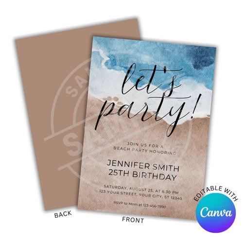 Beach-themed birthday party invitation with 'let's party!' text, featuring Canva branding.
