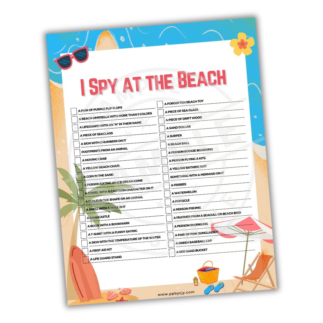 Beach-themed 'I Spy' game sheet with colorful border on a white background