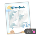 I Spy at the Beach game sheet with beach-themed illustrations on a white background
