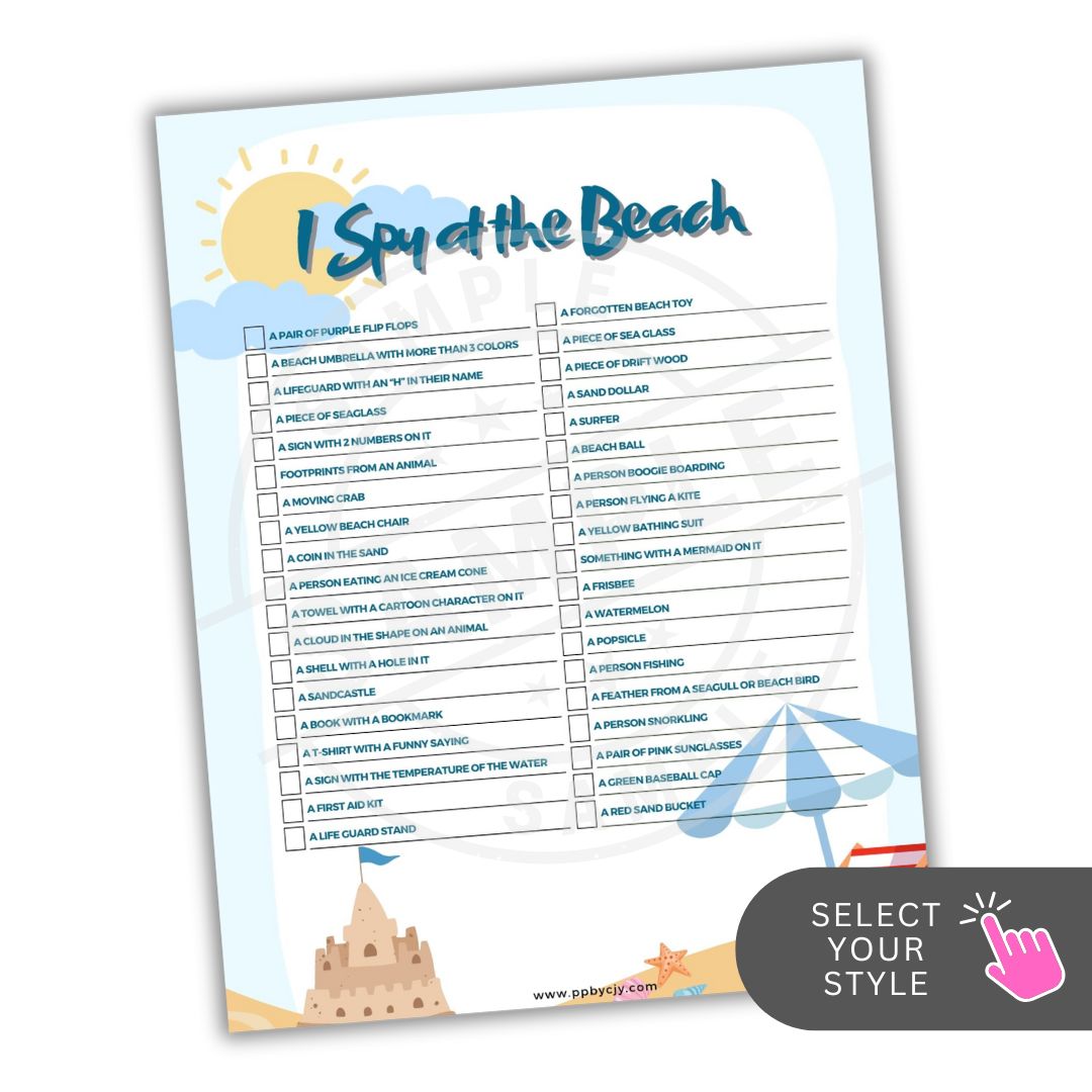 I Spy at the Beach game sheet with beach-themed illustrations on a white background