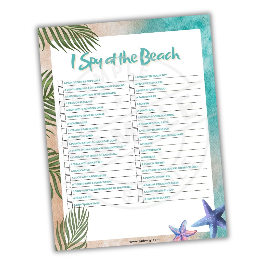 Beach-themed 'I Spy' game sheet with palm leaves and starfish design on a white background
