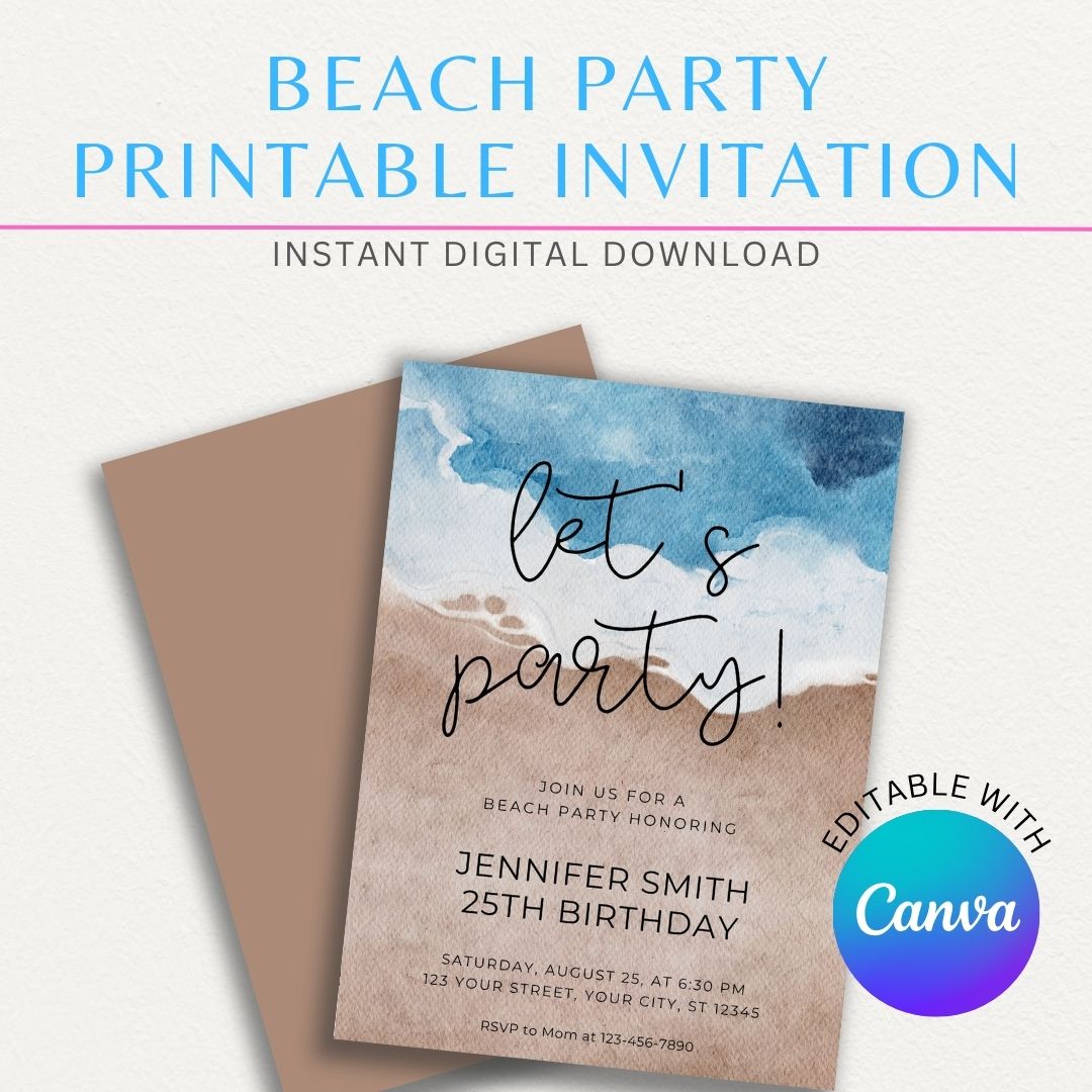 Beach Theme Printable Party Invitation featuring beach umbrellas, surfboards, and tropical accents, perfect for summer parties and seaside gatherings.

