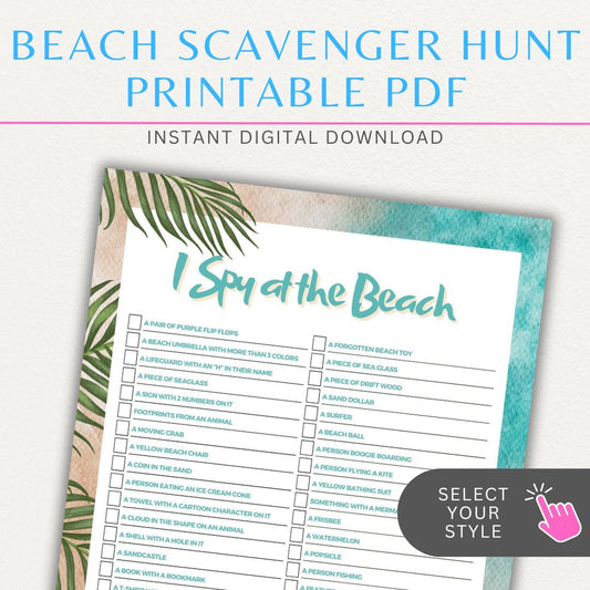 Beach Scavenger Hunt Printable PDF Template with fun seaside items to find.