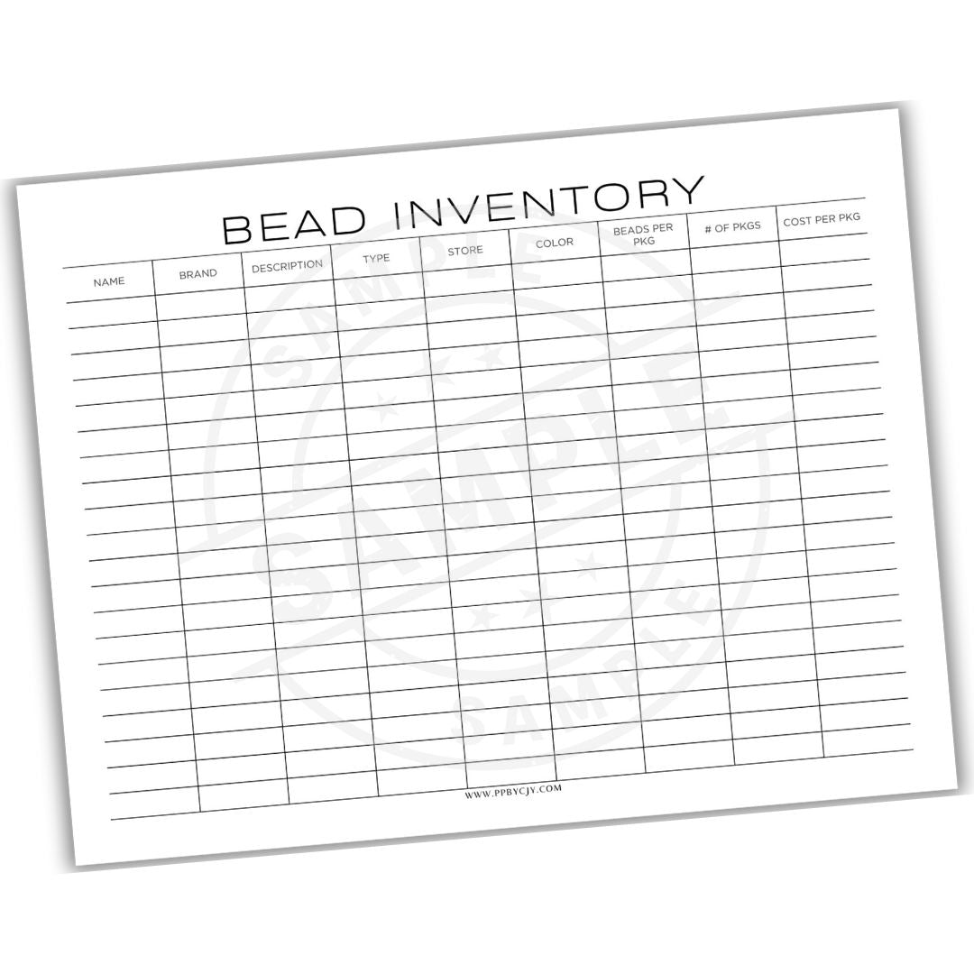 Bead inventory sheet with columns for name, brand, description, type, store, color, beads per pkg, # of pkg, and cost per pkg.