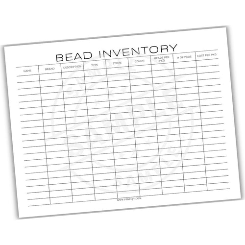 Bead inventory sheet with columns for name, brand, description, type, store, color, beads per pkg, # of pkg, and cost per pkg.