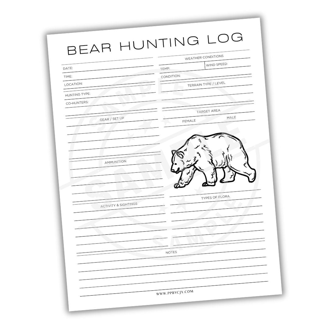 Bear hunting log sheet with a bear illustration on a white background
