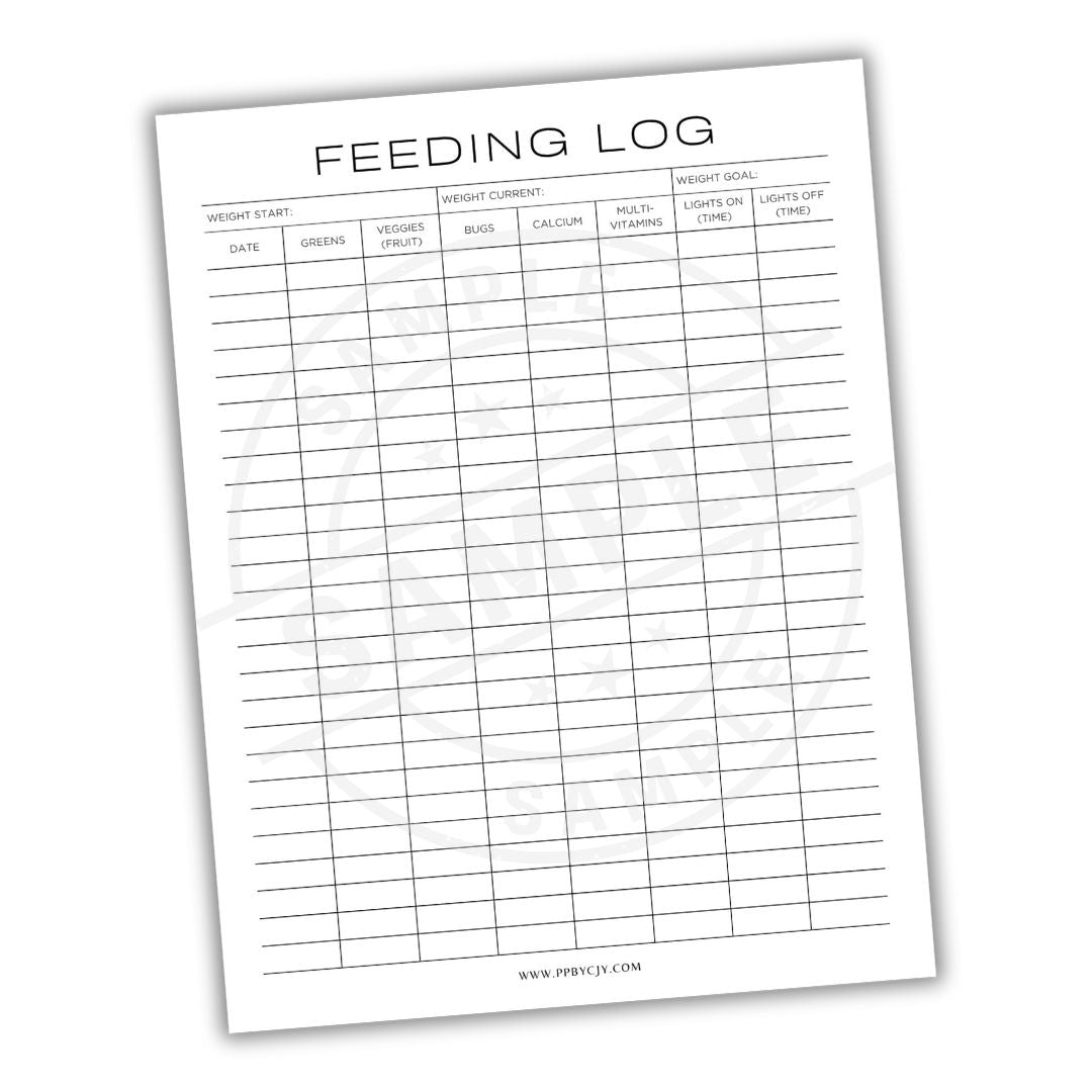 Feeding log sheet with columns for date, weight, calories, and other details on a white background.