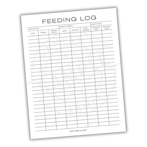 Feeding log sheet with columns for date, weight, calories, and other details on a white background.