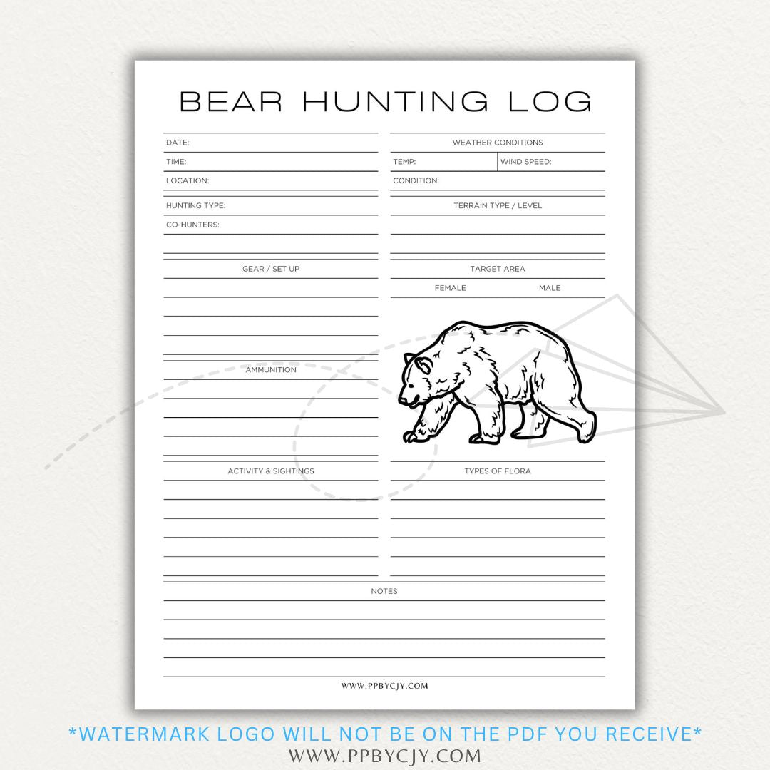 Printable Bear Hunting Log Template with sections for date, location, weather, sightings, and notes.