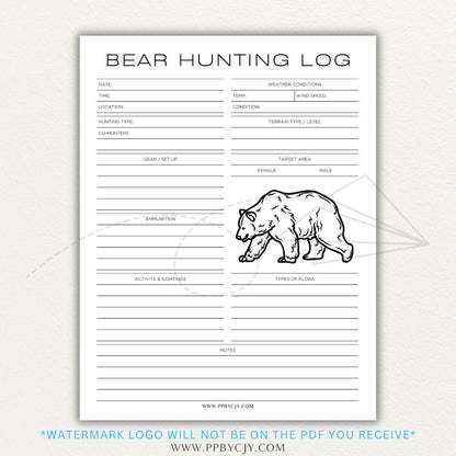 Printable Bear Hunting Log Template with sections for date, location, weather, sightings, and notes.