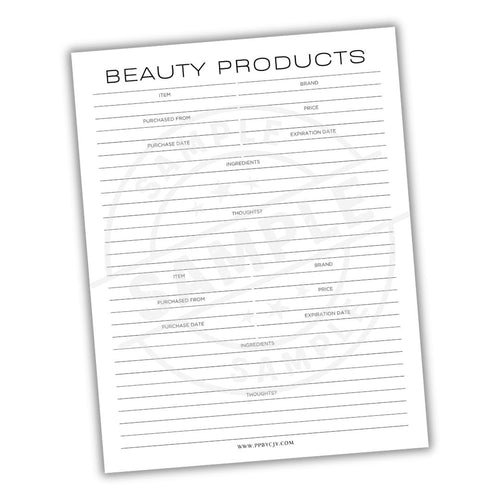 Sheet of paper with a list titled 'Beauty Products' on a white background