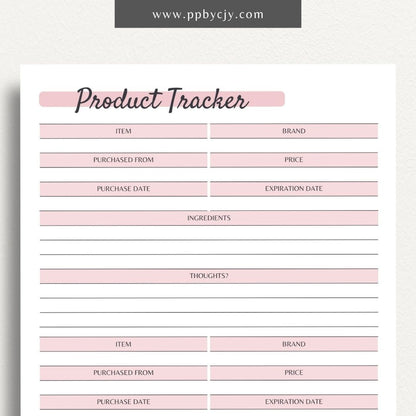Beauty Product Tracker Printable PDF Template