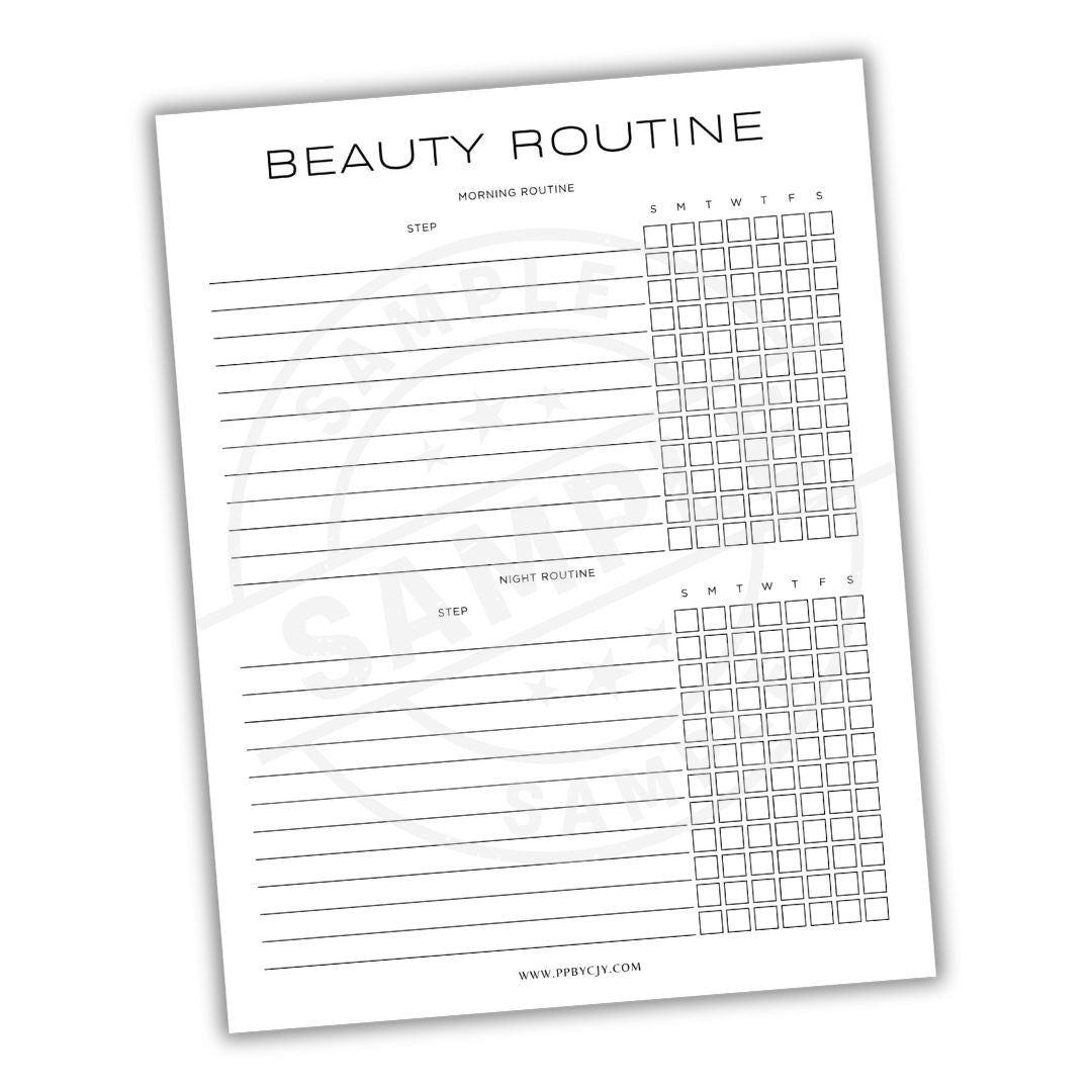 Sheet with 'Beauty Routine' template on a white background