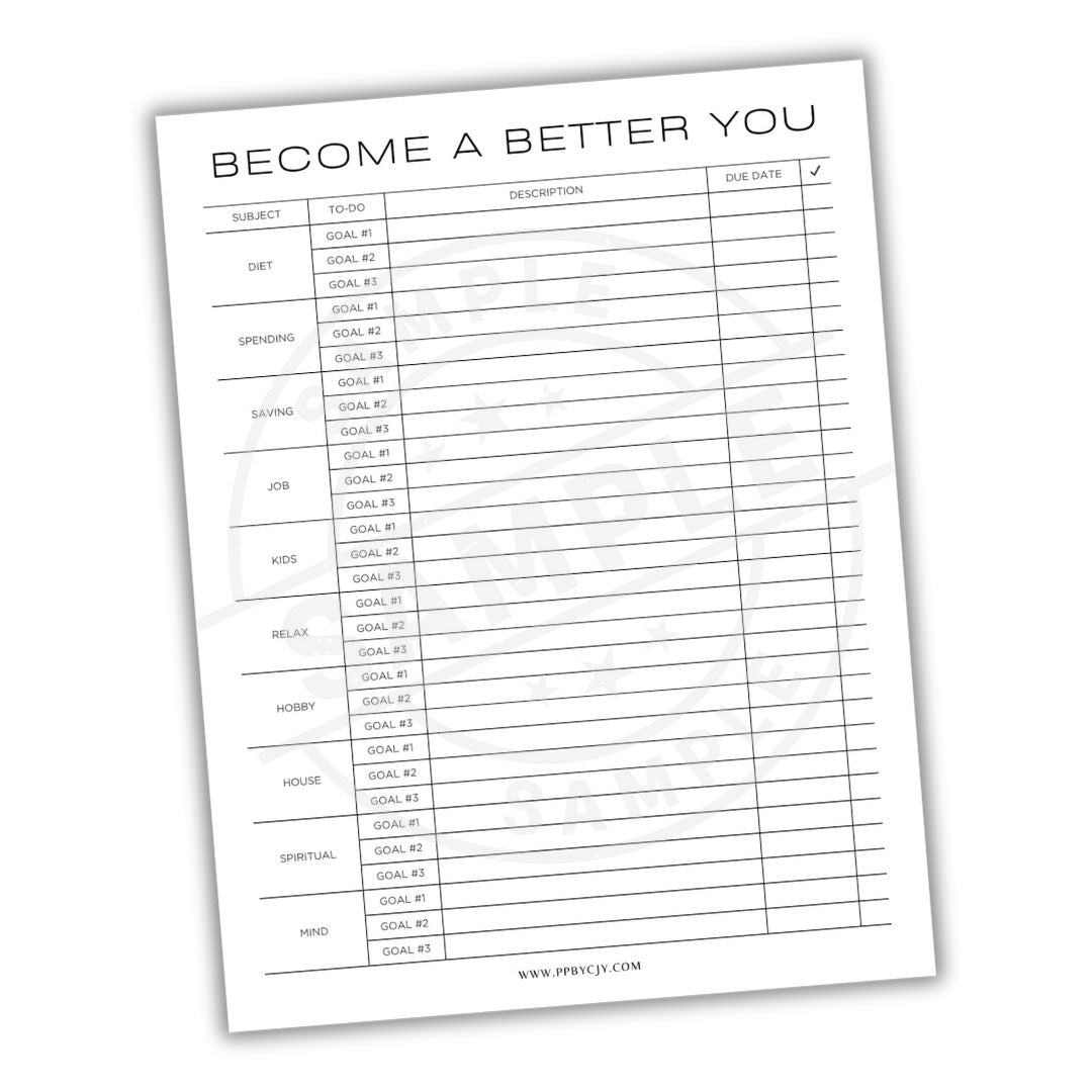 Goal-setting sheet titled 'Become a Better You' on a white background