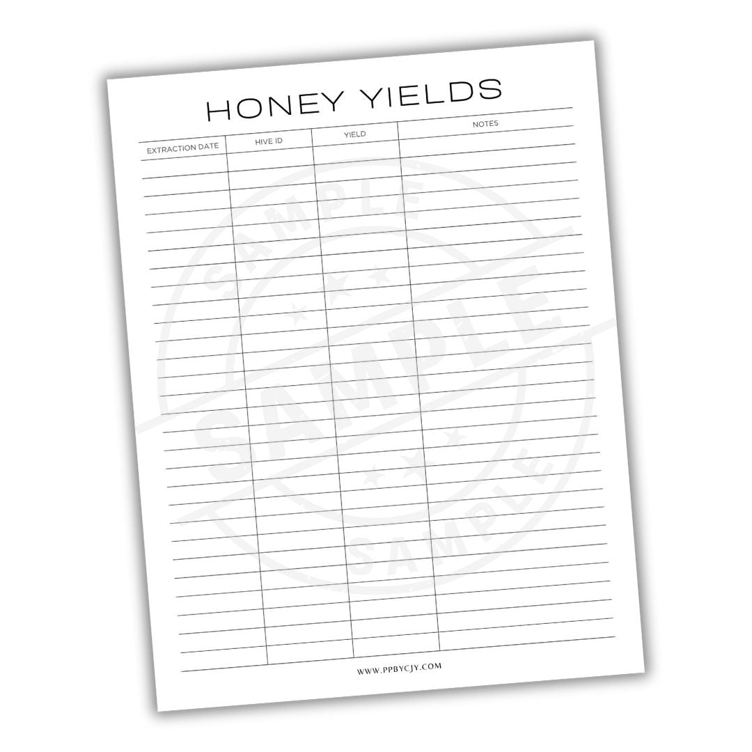 Sheet of paper with 'Honey Yields' recording sheet on a white background