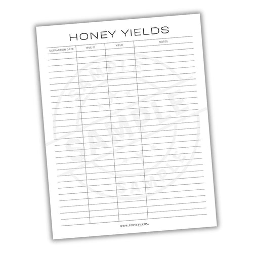 Sheet of paper with 'Honey Yields' recording sheet on a white background