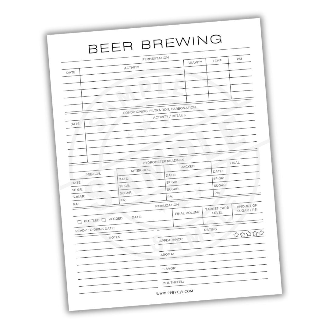 Beer brewing log sheet on a white background