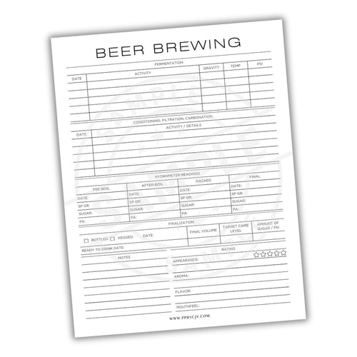 Beer brewing log sheet on a white background