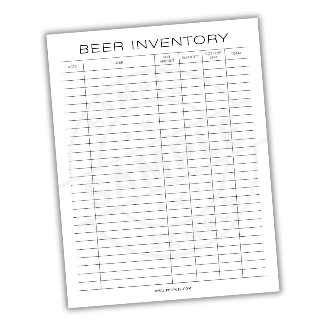 Beer inventory sheet with columns for date, name, amount, cost per unit, and total.
